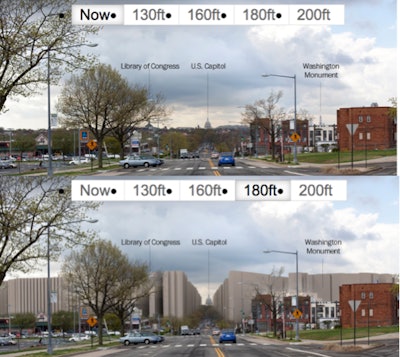 These renderings show one possible alteration which considers raising the height limit in high- and medium-density areas within the urban plan of city planner Pierre Charles L'Enfant. This shows a comparison of what the city looks like now and what it could look like if the height limit was 180 ft.