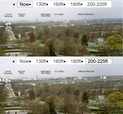 This comparison shows what D.C. could look like if the height limit was raised to 220 to 225 ft. in selected clusters