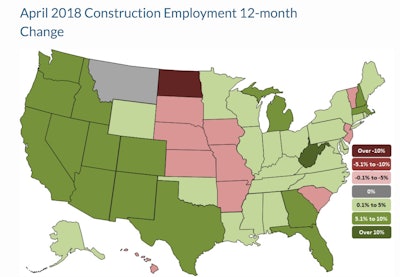 Thirty-eight states and the District of Columbia added construction jobs between April 2017 and April 2018, 11 states shed construction jobs and construction employment was unchanged in Montana.