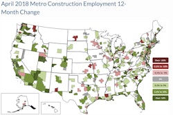 Construction employment reached a new high in 54 metro areas between April 2017 and 2018.