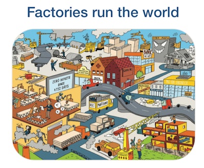 A corporate-dominated society uses prefabrication and modularization to create cost-efficient structures.