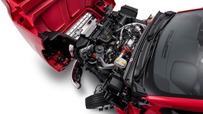 Clamshell hood and a wheel cut of up to 50 degrees can give technicians better engine access than trucks with conventional hoods.