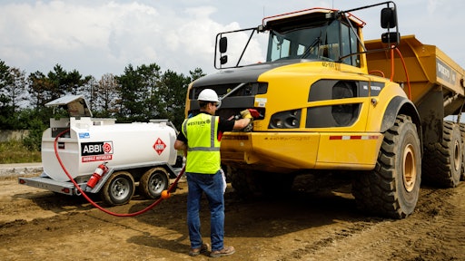An ABBI Mobile Refueler is mounted to a DOT-approved highway trailer with electric brakes for easy transportation to and around jobsites.