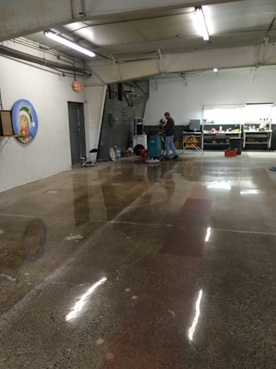 To determine whether the DIPs or Composite Resin Abrasives pad systems were the superior maintenance solution, they were compared head-to-head by Stone Sole Associates LLC. Two 126 square foot sections of “highly polished” concrete were sectioned off and “cleaned” using an Auto-Scrubber, utilizing each of the respective maintenance systems.