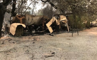 The burned-out remains of Iron Mountain Manufacturing, which manufactured Geotextile Apparatus Co. products just outside of Redding, CA.