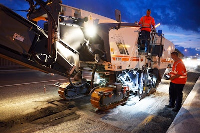 Beginning a night of cold milling in congested downtown Merritt Island, FL, Blackrock Milling cuts multiple passes 7 ft. 3 in. wide using its Wirtgen W 210i.