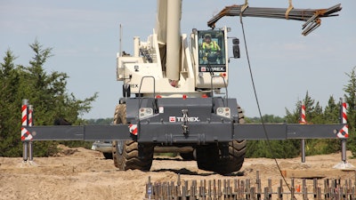 IEA Constructors, Inc. rented a Terex RT 100US crane to place rebar and steel cages in preparation for concrete pours at the Upstream Wind Energy Center in Nebraska.