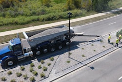 In typical stone applications, a Stone Slinger system can accurately place material up to 100 ft. from the truck. The throwing distance will be less for light-density “fluffy” materials. A shorter conveyor is also available for close-in applications such as roadway and sidewalk reconstruction in older, heart of city work.