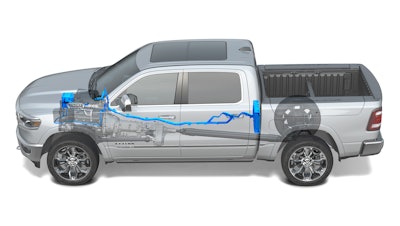 The Ram Truck eTorque mild hybrid system works with a 48-volt Nickel Manganese Cobalt (NMC) Graphite battery pack mounted to the rear wall inside the Ram 1500’s cabin to enable a quick and seamless start/stop function; short-duration torque addition to the engine crankshaft in certain driving situations; and brake energy regeneration.