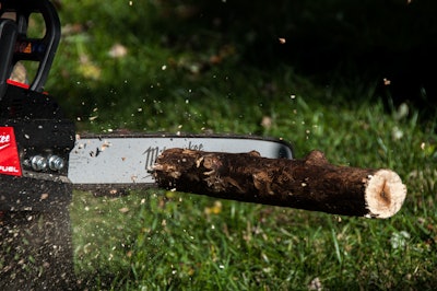 As batteries get bigger and better they are powering tools never before thought possible. The 12 amp-hour battery powering this chain saw can cut down a 15” diameter tree and then buck it up into firewood lengths all on one charge.