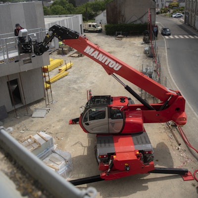 The Manitou MRT rotating telehandlers offer a three-in-one solution: telehandler, (crane-like) winch and mobile elevating work platform. The available 13-ft.-wide work platform offers a 2,000-lb. capacity.