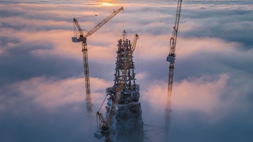 Sunset above skyscraper construction in St. Petersburg, Russia.