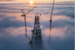 Sunset above skyscraper construction in St. Petersburg, Russia.