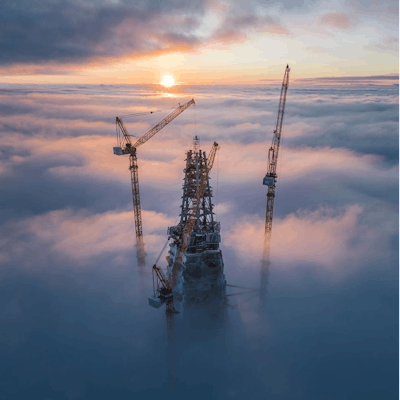Sunset above skyscraper construction in St. Petersburg, Russia.