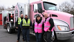 The Eosso family and the pink-branded infrared truck (from left) Tom Eosso, Eosso vice president and chief estimator; Gary Eosso, Eosso president and project manager; Kim Mazzoni, Power Patch Infrared Specialists president; and Anthony Eosso, Eosso trainer and estimator.