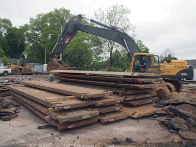 Using a Volvo EC460-B excavator, a Cat 230D excavator, a Cat 950 rubber-tire loader and a Cat 226 skid steer, Pitsch Companies installed and removed the Slide Rail System — twice — in about six days.