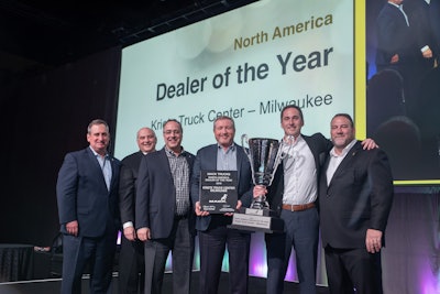From left to right: Martin Weissburg, president, Mack Trucks and member, Volvo Group Executive Board; Joseph Favia, regional vice president – central region, Mack Trucks; David Barletta, executive vice president and director, Mack truck sales, Kriete Group; Marty Dudenhoeffer, executive vice president, dealer operations, Kriete Group; David Kriete, owner, Kriete Group; Jonathan Randall, senior vice president, North American sales and marketing, Mack Trucks.