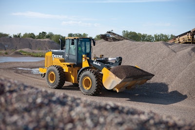 The shift to advanced technologies such as electric powertrains is already starting to occur. Shown is the the John Deere 644K Hybrid, which features a diesel engine running at steady state to turn an electric generator.