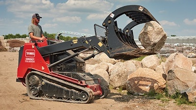 Retracted-arm tipping capacity is more than 5,700 lb. Standard skid-steer coupler accommodates most attachment choices.