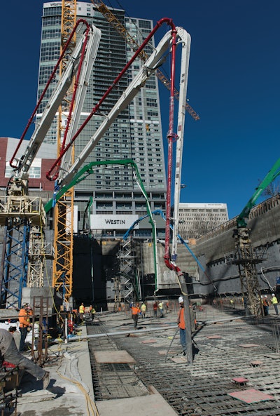 A new record for the largest continuous concrete pour was set in Washington state when 13,690 cubic yards (10,467m³) of concrete was placed in 24 hours for the foundation of the 450-foot (137.16m) tall north tower at Lincoln Square.