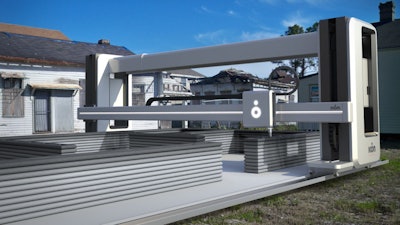 Rendering of Vulcan II 3D printer printing a 'Lavacrete' home.