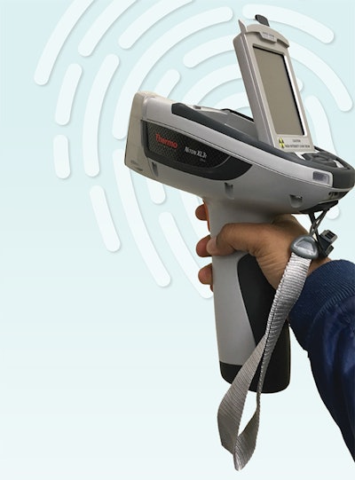 A handheld x-ray fluorescence (XRF) instrument