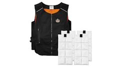Machine-washable poly/cotton vest has internal pockets to hold four replaceable freezer packs with about two hours of cooling time.
