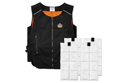 Machine-washable poly/cotton vest has internal pockets to hold four replaceable freezer packs with about two hours of cooling time.