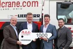 Members of the Liebherr and All Crane team recently celebrated the handover of the 1,000th LTM 1200-5.1. From left are Brian Peretin, Liebherr’s general manager of sales for mobile and crawler cranes; Reinhold Breitenmoser, regional sales manager for Liebherr Werk, Ehingen, Germany; Michael Liptak, CEO and president of ALL Crane; Lawrence Liptak, corporate controller, ALL Crane.