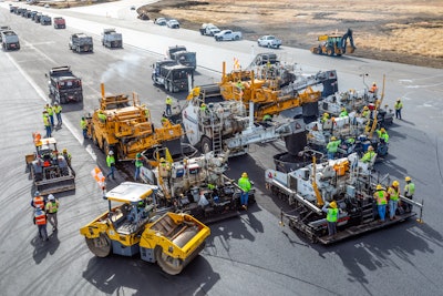 Although asphalt is the main ingredient on the top layer, the runway also has a layer of concrete below the surface — and a stabilized, earthen base. Together, the components of the runway reach 5 feet, 6 inches deep. In all, 220,000 tons of asphalt was used, airport officials said.