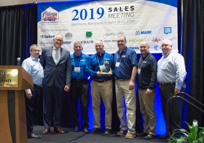 From left, Bill Mabeus, Fishman, executive vice president; Jeff Johnson, MAPEI business manager, FCIS); Allen Janofsky, MAPEI sales representative; Vince Linton, MAPEI sales representative; David Kocienda, MAPEI sales representative; Lee Tindall, MAPEI business development leader; and Bob Wagner, Fishman president and CEO.