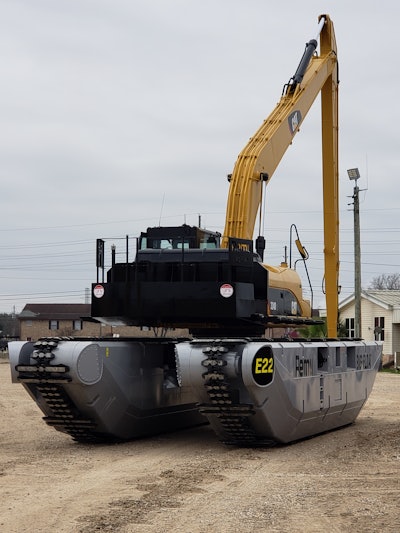 Remu Big Float Once The Upper Structure From Cat Is Properly Attached, The Big Float Unit Is Taken For A Test Ride Around The Nelson Equipment Lot