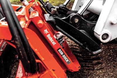 The Bob-Dock system has two main parts: an adapter plate mounted to the attachment and a patented floating coupler block housed within the Bob-Tach mounting system interface. The adapter plate connects your hydraulic attachment and has a locked hydraulic connection integrated within.