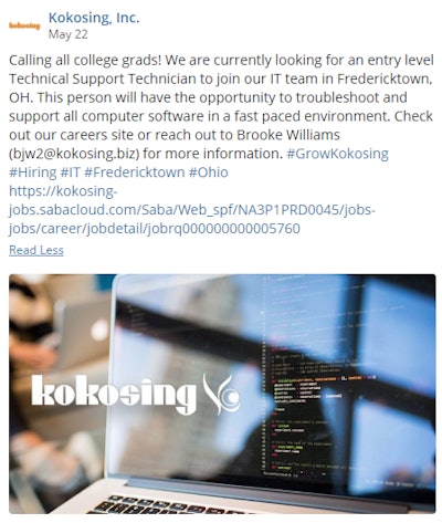 An example of a Kokosing Construction Company Facebook post targeting recent college grads for an IT position.