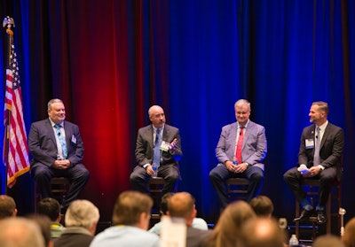 National Industry Leadership Panel: From left, Michael Ireland, president and CEO, Portland Cement Association (PCA); Michael Philipps, president, National Ready Mixed Concrete Association (NRMCA); and Michael Johnson, president and CEO, National Stone, Sand & Gravel Association (NSSGA). TACA President David Perkins moderated the panel.