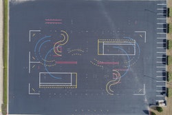 Layout of the training area started with marking the four corners of the 30,000-sq.-ft. area, creating the outlines of a rectangle. Bolts were screwed into the pavement at the four spots, and the four points were connected by a nylon baling cable, creating the outlines of a rectangle. This long sides of the rectangle served as reference points to help position markings within the test track.