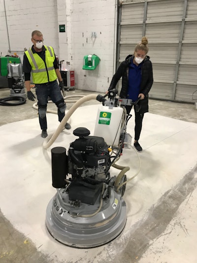 Paint and epoxy were removed with a propane-fired Lavina 30-GTX forced belt-driven planetary grinder.