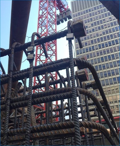 SmartRock is a small wireless “tag sensor” that is attached to the rebar using a simple twist tie. Once the sensor is installed on the formwork, concrete is poured as usual.