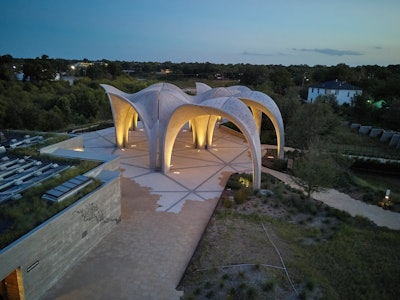 The centerpiece of the Confluence Park Project is the central pavilion made up of 22 concrete “petals” that arch together to form a network of vaults.