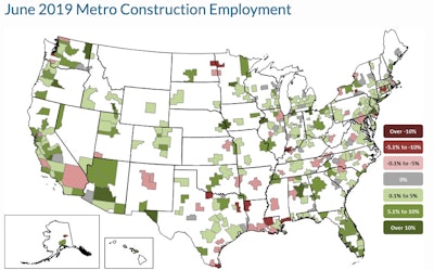 Demand for construction jobs remains robust in the majority of metro areas as employment grew in 253 of 358 metros in June 2019.