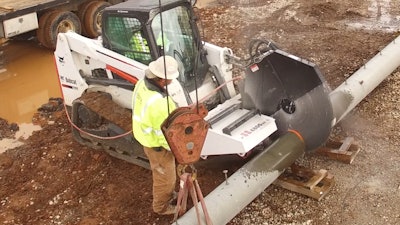 The skid steer saw attachment is designed to cut flat surfaces, as well as things like concrete pipes, light poles, and sewer and drainage pipes.