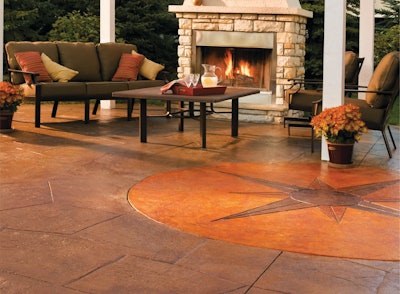 Pictured, an outdoor living space where acid stains were used to etch the concrete surface.