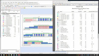On-Center Software's on-screen takeoff software shows a color-coded digital takeoff of an elementary school construction project with the building materials quantities listed.