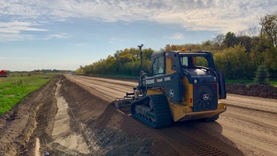 For the project, Warman Excavating used its Komatsu D-65EX crawler dozer and a John Deere 329 compact track loader (SSL), both equipped with Topcon 3D-MC2 machine control, acquired from Brandt Tractor.