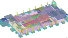 A 3D model of showing Slab-on-Grade on The Fifth Parking Garage project in Des Moines, Iowa. BDS Vircon is using Trimble's Tekla Building Information Modeling system to build the structure, and the contractor has been awarded a Tekla Building Information Modeling (BIM) award in the cast-in-place category.