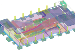 A 3D model of showing Slab-on-Grade on The Fifth Parking Garage project in Des Moines, Iowa. BDS Vircon is using Trimble's Tekla Building Information Modeling system to build the structure, and the contractor has been awarded a Tekla Building Information Modeling (BIM) award in the cast-in-place category.