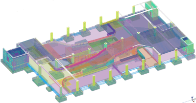A 3D model of showing Slab-on-Grade on The Fifth Parking Garage project in Des Moines, Iowa. BDS Vircon is using Trimble's Tekla Building Information Modeling system to build the structure, and the contractor has been awarded a Tekla Building Information Modeling (BIM) award in the cast-in-place category.
