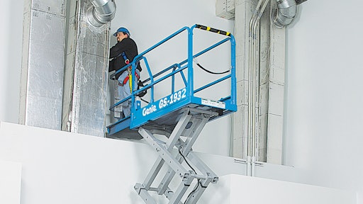 Due to the model’s compact footprint and low stowed height, the Genie GS-1330m scissor lift will maintain standard fixed guardrails.