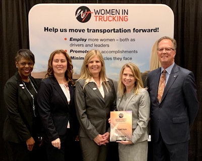 From left to right: Tonyah Dillahunt and Blanka Kopacz, PACCAR Parts; Ellen Voie, Women in Trucking Association; Maegan Ortega and George Wakefield, PACCAR Parts. PACCAR Parts is recognized as a Top Company for Women to Work For by the Women In Trucking Association.