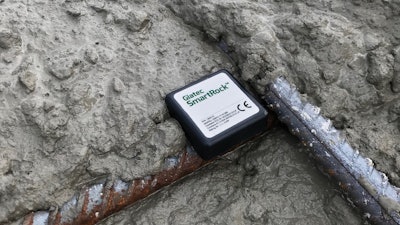 A Giatec SmartRock sensor in place prior to a pour. The device wirelessly transmits concrete data to the cloud, which can be accessed by key personnel.